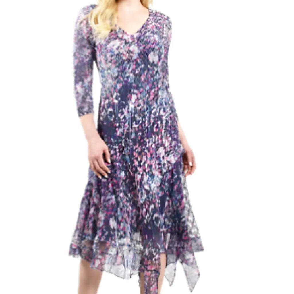 Komarov Handkerchief Hem Chiffon Midi Purple Hybrid Dress Sz S